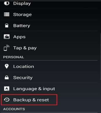 Backup and reset option